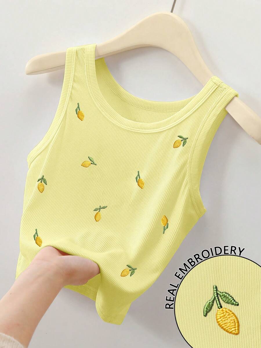 Resyla Camiseta de tirantes para mujer con cuello redondo y patrón bordado de limón - Multicolor - Ver 1