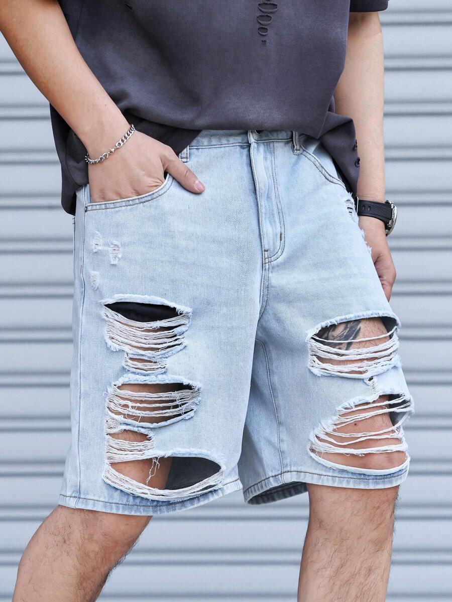 Manfinity LEGND Men's Fashion Wide Leg Denim Shorts - Light Wash - View 1