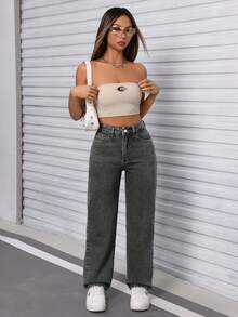 SHEIN PETITE 女款純色極簡日常牛仔褲，適合嬌小女性 - 灰色 - 查看 4