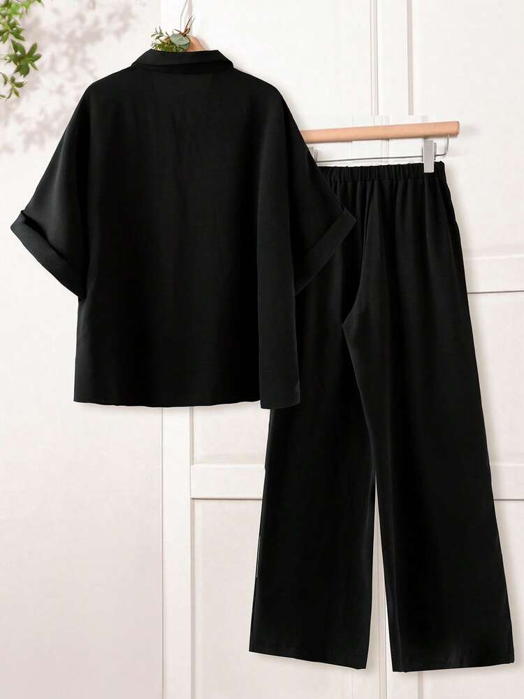 Vintage Raglan Sleeve Shirt Collar Button Down Shirt And Plus Size Loose Beige Wide Leg Pants 2 Pieces Set, Spring/Summer\Vacation Black  Summer Outfits Summer Clothes  Spring  Spring Outfit Women Spring Clothes Country Style For Women