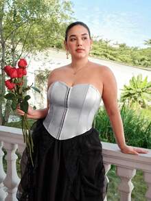 SHEIN MOD Plus Size Women Red Date Night Fishbone Tight Corset Solid PU Leather Tube Top - Silver - View 6