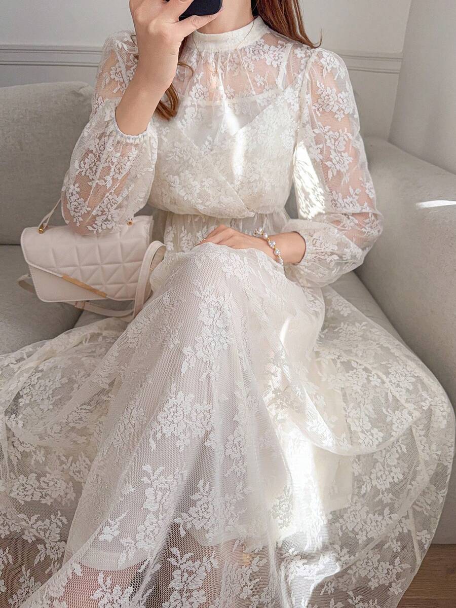 FRIFUL Damen Rundhals Kleid mit durchgehender Spitze, bestickter Dekoration, locker geschnittenes A-Linien Sommerkleid in Unifarbe - Aprikosenfarben - Übersicht 1