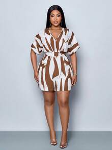 SOLERSUN Bộ áo liền quần tay cánh dơi có thắt lưng, in họa tiết ngẫu nhiên dành cho nữ, cỡ lớn. - Cà phê nâu - Xem 6