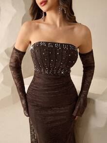 Coutiva Vestido de noche elegante de mujer con hombros descubiertos, detalles de encaje y cuentas, otoño - Café integral - Ver 4