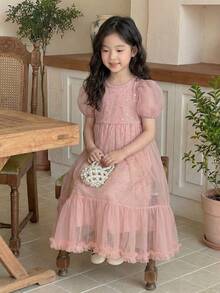 SHEIN Young Girl Woven Solid Color Mesh Patchwork Sleeveless Round Neck Dress, Young Girls - Pink - View 4