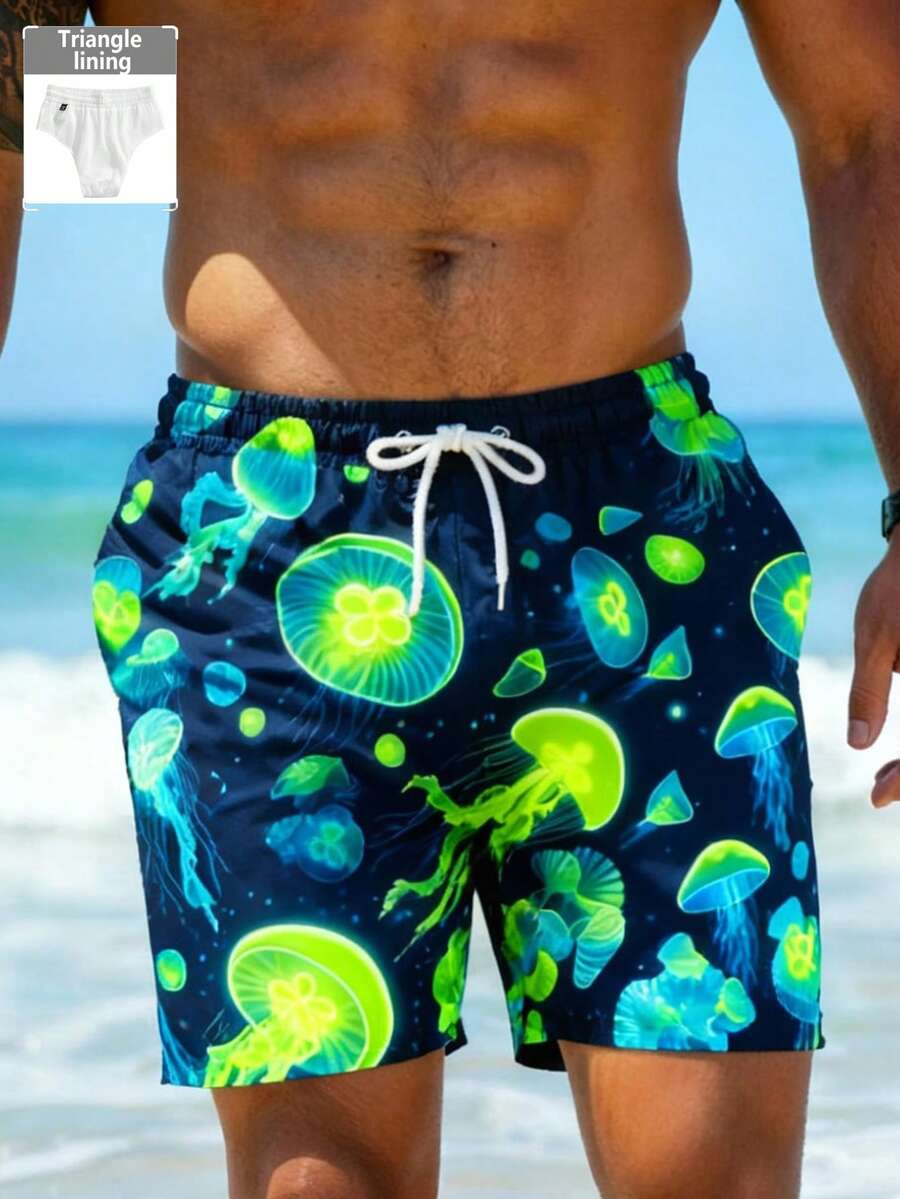 Manfinity RSRT Men's Ocean Animal Print Beach Shorts, Mesh Lining, Suitable For Summer Vacation - Blue - View 1