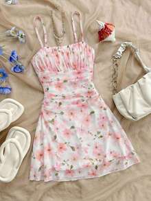 SHEIN Tween Girl Floral Print Ruffle Strap Dress, Beach Vacation - Multicolor - View 1