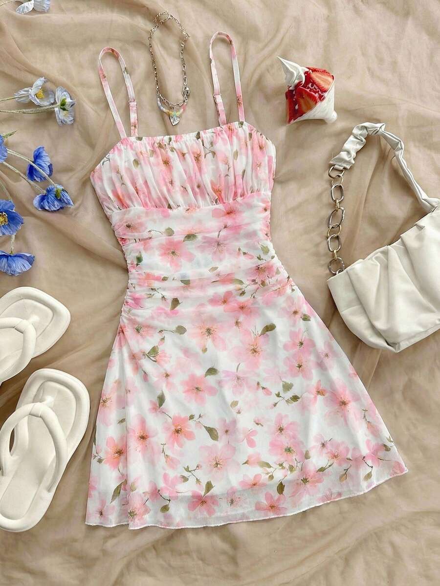 SHEIN Tween Girl Floral Print Ruffle Strap Dress, Beach Vacation - Multicolor - View 1