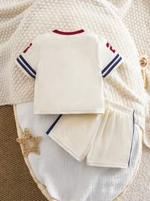 Newborn Baby Boy Clothes Off-White Summer Casual Vacation Sports Letter Print Short Sleeve T-Shirt And Shorts Set,Basketball Football Baseball Outfit - Apricot - View 2