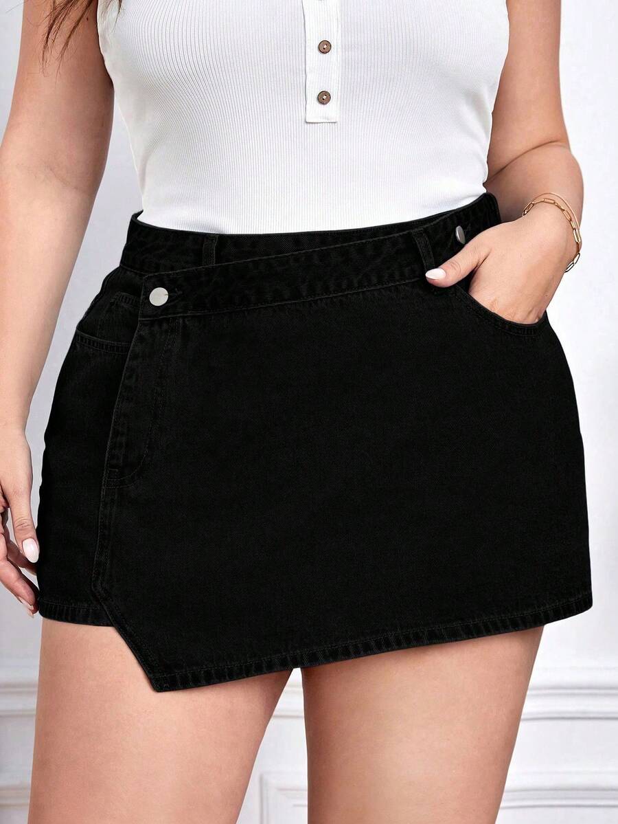 SHEIN CURVE+ Pantaloni gonne in jeans neri taglie forti per donna, non elasticizzati, outfit sexy primaverili - nero - Visualizzare 1
