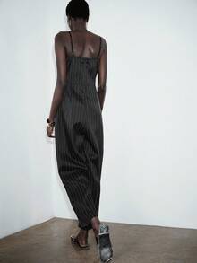 Lumivelle 女士时尚休闲前开衩及中开衩吊带无袖修身阔腿条纹连体裤，春夏款 - 黑色 - 查看 2