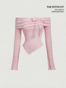 SHEIN MOD Petite 女士休闲不对称下摆露肩蝴蝶结装饰T恤，秋季款 - 粉色 - 查看 1