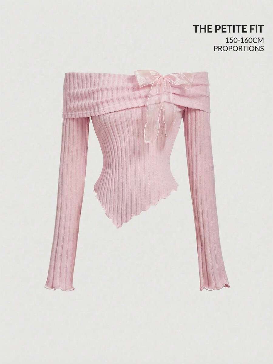 SHEIN MOD Petite 女士休闲不对称下摆露肩蝴蝶结装饰T恤，秋季款 - 粉色 - 查看 1