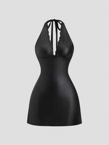 Sweetra New Spring/Summer Tie-Strap Mini Dress, Collar Lace Patchwork, Suitable For Vacation Outfit - Black - View 1