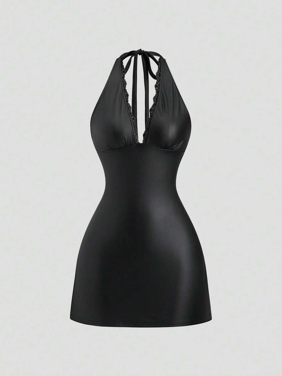 Sweetra New Spring/Summer Tie-Strap Mini Dress, Collar Lace Patchwork, Suitable For Vacation Outfit - Black - View 1