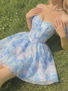 SHEIN MOD 女士复古艺术油画花卉印花露肩短裙，复古宫廷风，维多利亚时代，浪漫，花园，婚礼季，婚礼宾客礼服，度假，约会，下午茶 - 藍色 - 查看 7