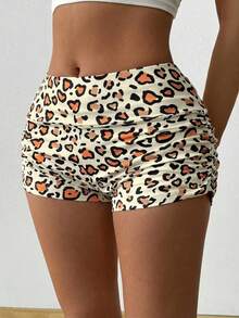 SHEIN EZwear Leopard Print Ruffle Hem Fitted Shorts, Suitable For Daily Wear, Sports And Parties - Multicolor - View 5