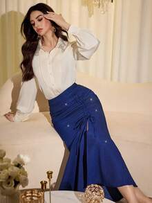 Modelyn Women's Blue Unique Design Bodycon Mermaid Hem Slit Pleated Skirt - Blue - View 8