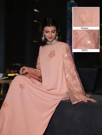 Al Najma Women's Elegant Romantic 3D Floral Long Sleeve Flared Long Cardigan, Pink