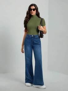 SHEIN Tall Áo thun nữ cổ cao tay ngắn màu đen trơn cơ bản - xanh quân đội - Xem 7