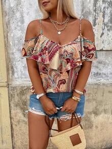 Breezaya Camisa estampada para mujer de talla grande, adecuada para citas, vacaciones románticas, uso diario casual, moda versátil, primavera/verano - Multicolor - Ver 4