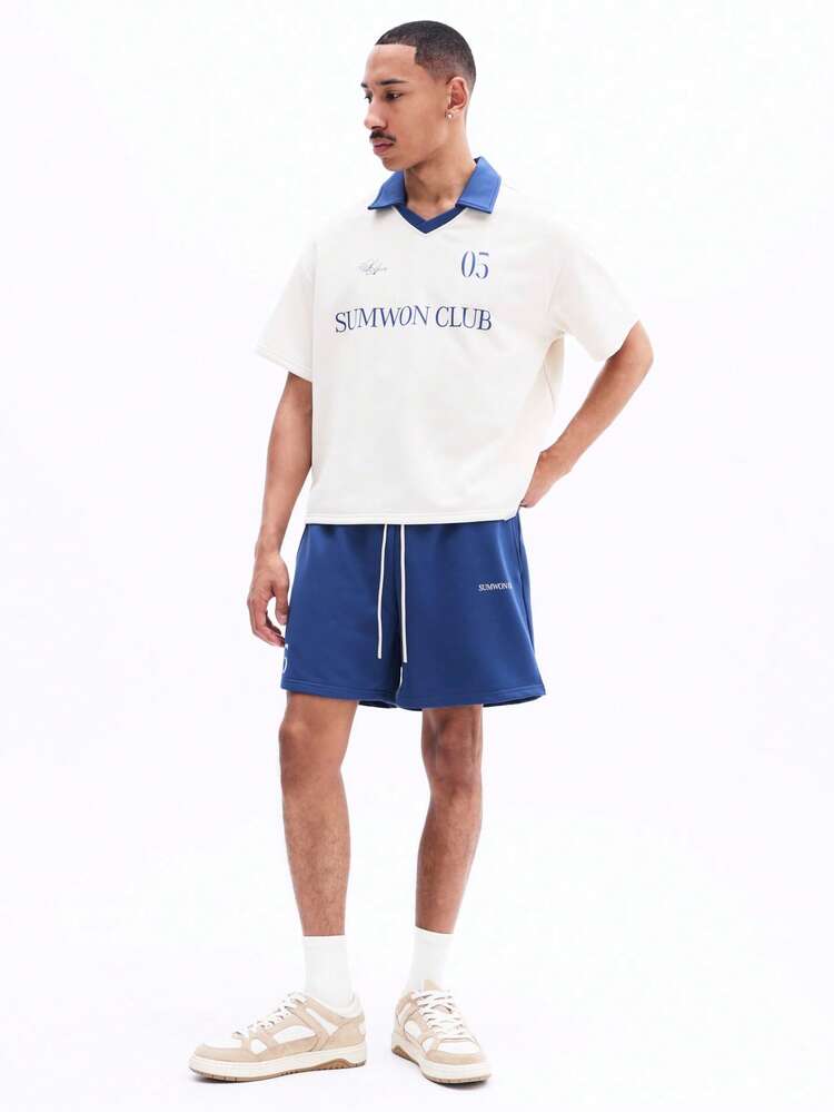 SUMWON Men Cream Blue Polo Collar Set With Text Print And Matching Elastic Waist Shorts Summer Casual Coord Outfit