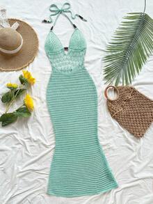 Soleia 女士度假休闲露背吊带针织连衣裙钩编长裙夏季长裙沙滩长裙钩编连衣裙秋冬度假连衣裙 - 薄荷綠 - 查看 5
