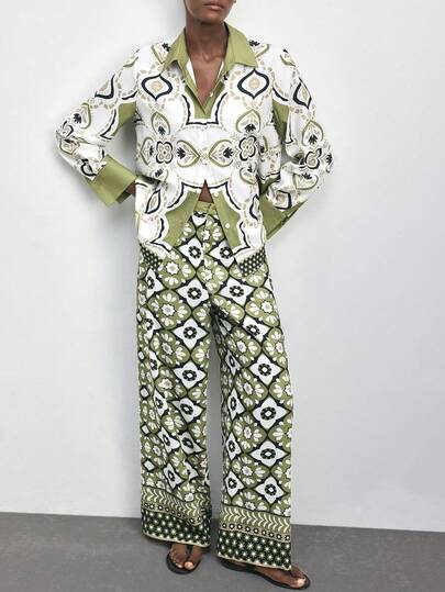 Maija 2pcs/Set Women Floral Print Long Sleeve Top And Wide Leg Pants, Casual Daily Wear, Summer Outfit For Women , Spring Clothing, Spring Break Outfits, Party Outfit, Beach Outfit For Women , Beach Set, Going Out Outfits , Casual Sets For Women , Graphic Set Blouse And Pants Set Boho Pants For Women