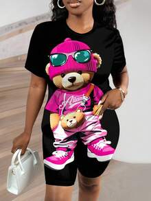 SHEIN CURVE+ Bộ 2 món dành cho nữ cỡ lớn, kiểu dáng thường ngày, họa tiết gấu hoạt hình dễ thương, áo thun ngắn tay và quần short, thích hợp cho mùa hè. - màu đen - Xem 6