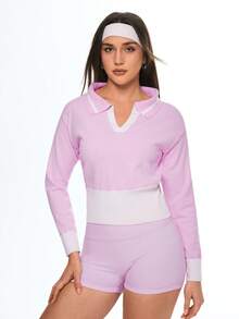 Gameset SHEIN Sport Blusa de punto de manga larga casual con cuello de contraste, corte regular - Rosa - Ver 3