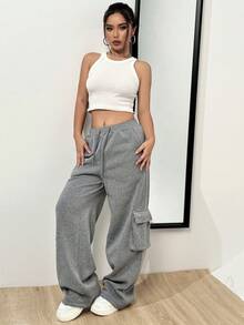 SHEIN Unity Túi nắp bên cạnh Quần thể thao bảo Cargo - Xám - Xem 6