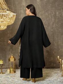 EMERY ROSE Plus Size Long Shirt Cardigan Top And Straight Leg Pants Two Pieces Casual Vacation Set - Coffee Brown - View 2