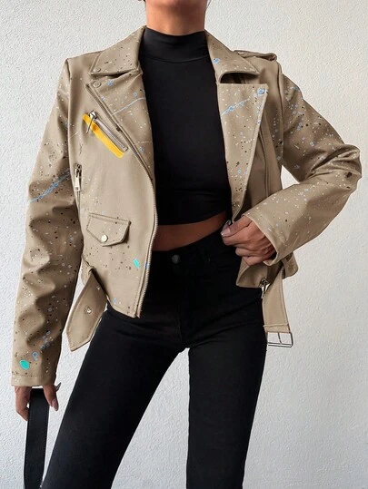 EURMUSE Damski Stójka Wiązanie Z paskiem Kurtka motocyklowa