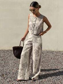 Livesso 春夏碎花无袖开衫搭配直筒休闲裤套装，波西米亚风，适合海滩、婚礼、度假等场合。 - 灰色 - 查看 4