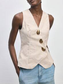 Maija Women's Fashionable Striped Metal Buckle Sleeveless Blazer, Summer - Khaki - View 8