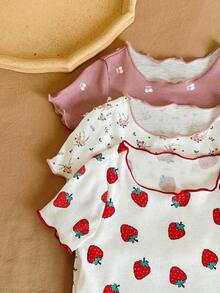 SHEIN LMoss Kids 女婴可爱卡通熊和花卉印花荷叶边圆领短袖上衣和裤子六件套休闲舒适针织睡衣套装 - 彩色 - 查看 3