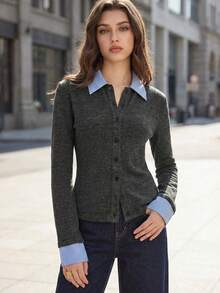 BizChic 2026 Nueva primavera Cárdigan de punto con botones delanteros en color a contraste y diseño rayado, de tela de cachemir sintético, elegante y versátil para uso diario en la ciudad. Ideal para Navidad, Año Nuevo, San Valentín, playa, graduación, carnaval de moda, boda, cóctel, concierto, brunch, aeropuerto - Gris Oscuro - Ver 1