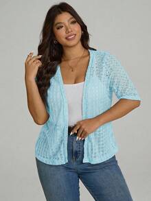 Comfylo 大码休闲纯色开襟短袖针织衫，夏季 - 淺藍色 - 查看 6