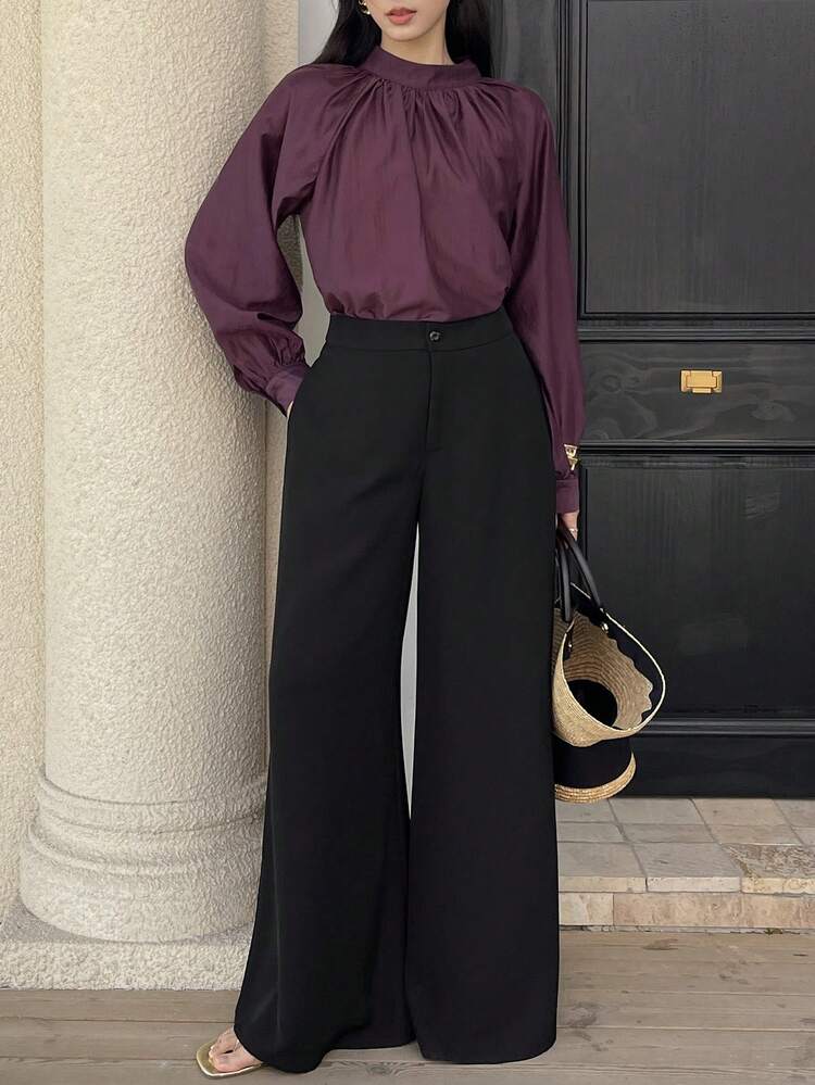 Women's Elegant Solid Color Long Sleeve Shirt & Wide Leg Pants 2 Pieces Set