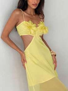 Aloruh Women's Solid Yellow 3D Floral Strap Dress, Spring/Summer - Yellow - View 9