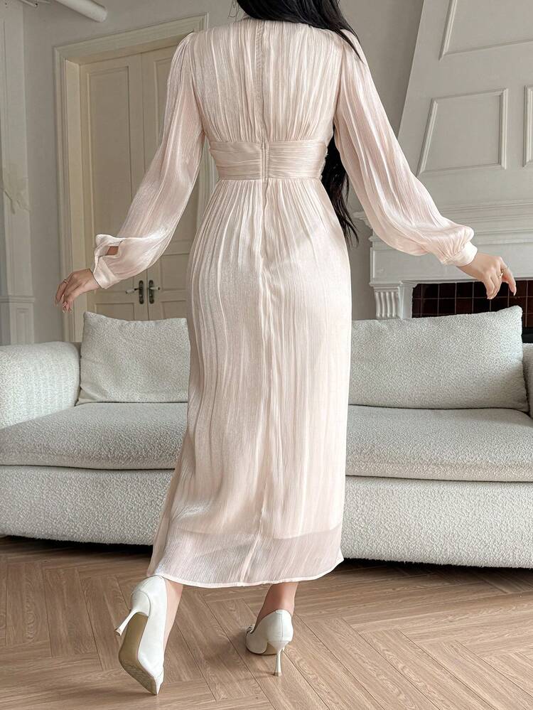Elegant Women's Long Dress With Stand Collar, Floral Lace Patchwork, Cinched Waist, Lantern Sleeves, Summer Dress Sundress