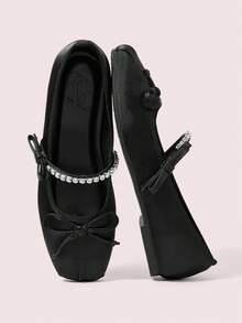 CUCCOO DOLLMOD Valentine's Day Women's Beige Ballet Flats With Bow Detail For Summer Christmas Fall New Year Holiday Valentines Valentine's Day - Graphite Black - View 2