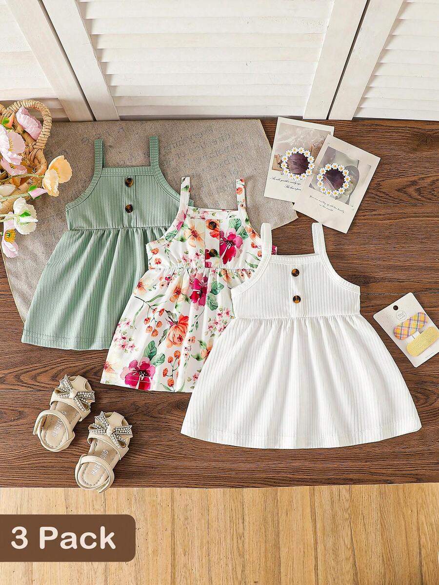 SHEIN Conjunto de 3 piezas de vestido de punto acanalado de unicolor y floral elegante para bebés recién nacidas, adecuado para uso al aire libre - Verde - Ver 1