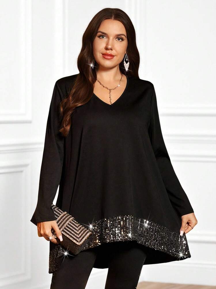 Femme grande taille Automne/Hiver Élégante Fête Décontractée Couleur unie Col V Manches longues Paillettes Patchwork Ourlet asymétrique Ample Devant Court Dos Long Design Mode T-shirt, Hauts Noirs, Sortie, 2025 Nouveau, Simple et pour le port quotidien, Hiver, Noël, Nouvel An, Soirée