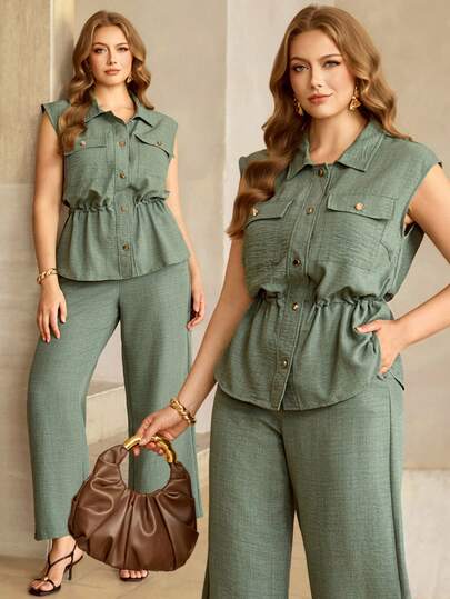 Roveilla Conjunto de camisa de unicolor con cuello y cierre de botones metálicos, bolsillos cargo, cintura con cordón, hebilla ajustable con nariz de cerdo metálica, camisa verde militar + pantalones de pierna ancha con cintura elástica y bolsillos, estilo vintage francés elegante adecuado para oficina, viajes, casual, playa, té de la tarde, calle, versátil y cómodo para primavera/verano