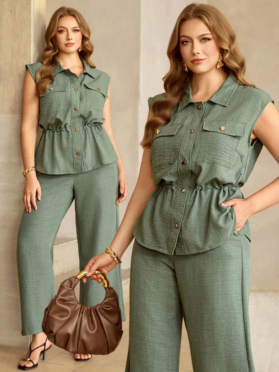 Roveilla Damen Hemd in Große Größen mit Kragen, Metallknopfverschluss, Cargo-Taschen, Tunnelzug in der Taille, verstellbarer Saum mit Metallschweinenasen-Schnalle, Militärgrünes Hemd + Hose mit elastischem Bund, weites Bein, eleganter französischer Vintage-Stil, geeignet für Büro, Pendeln, Lässig, Strand, Nachmittagstee, Straße, vielseitig einsetzbar, bequem für Frühling/Sommer - Armeegrün - Übersicht 1