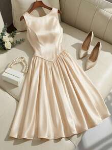 GlowEve Women's Sleeveless Waist-Cinched Pearl Ribbon Decor A-Line Dress, Suitable For Dates, Parties, Outings, Solid Color, Champagne, Lustrous Fabric, Elegant Long Dress - Champagne - View 3