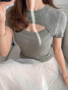 FRIFUL 女士圆领镂空前片紧身短袖性感针织上衣 - 灰色 - 查看 2