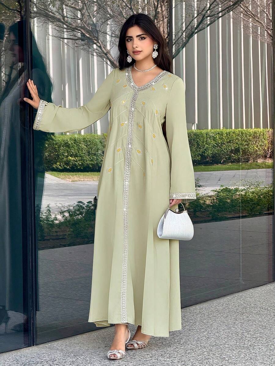 Yasmyna Women's Elegant Vacation Style Patchwork Ribbon V-Neck Flare Sleeve Loose Arabic Dress - Green - View 1