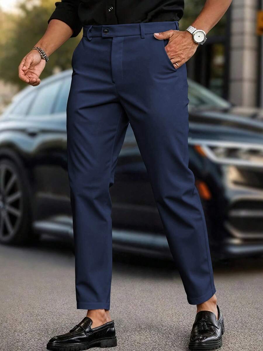 Manfinity Mode Men's Casual Versatile Solid Color Suit Pants Navy Blue Dress Pants Men Men Slim Fitted Pants - Navy Blue - View 1